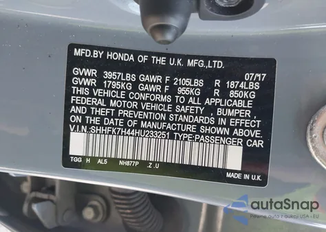 2017 Honda Civic Sport z USA, uszkodzony, nr VIN SHHFK7H44HU233251